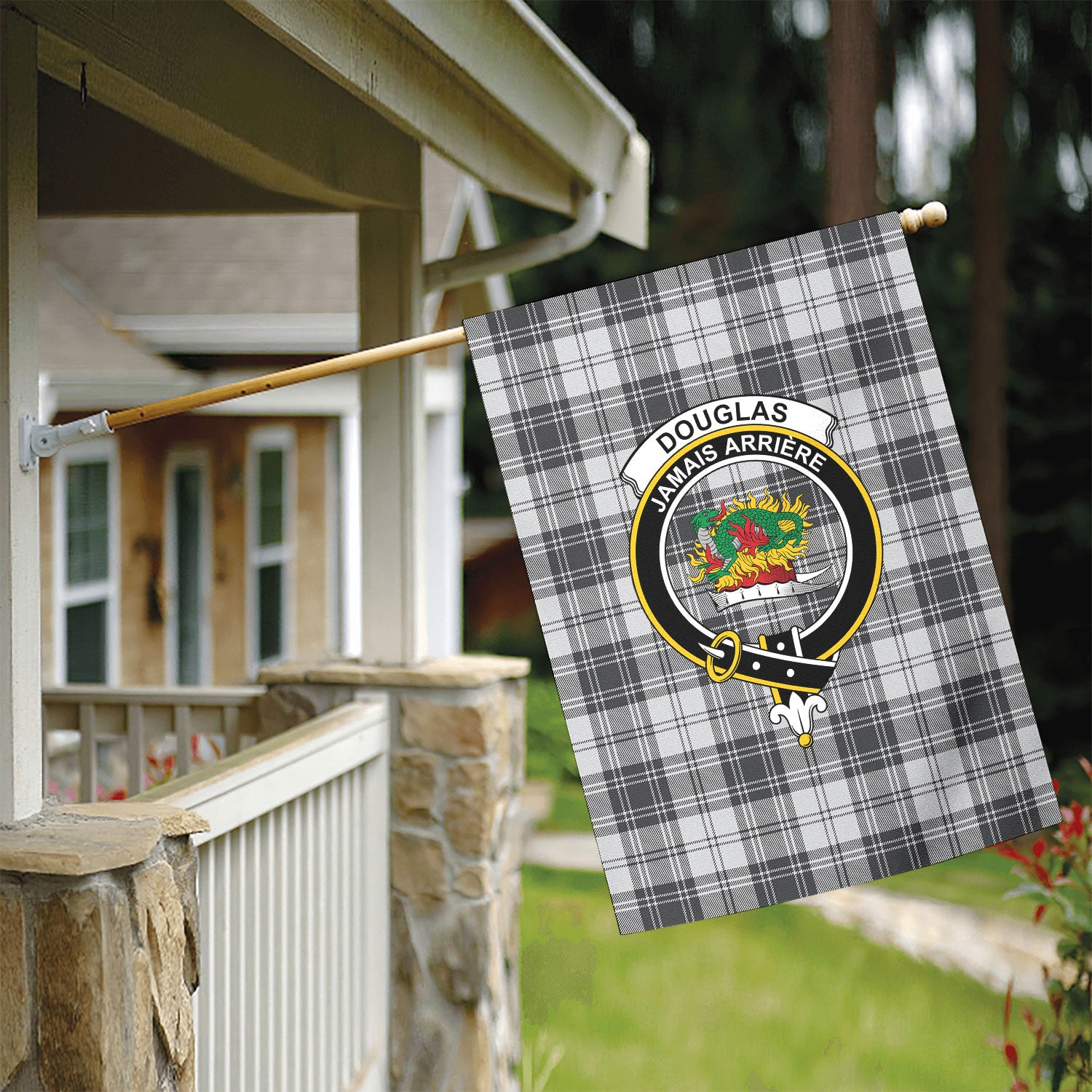 Douglas Grey Modern Tartan Crest Garden Flag