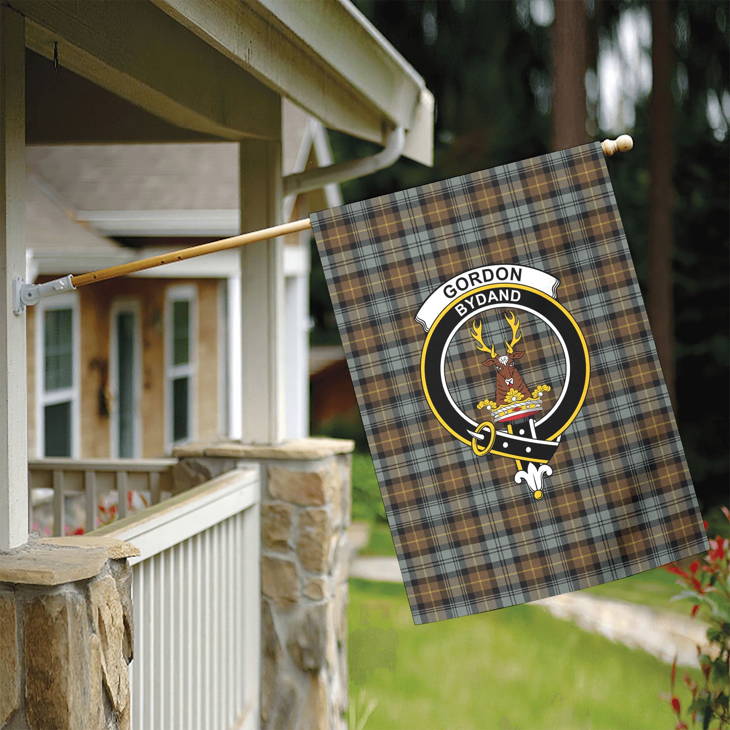 Gordon Weathered Tartan Crest Garden Flag