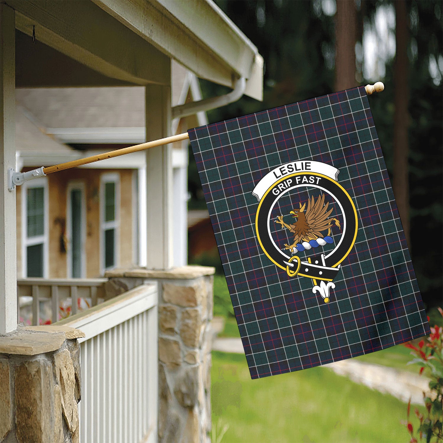 Leslie Hunting Modern Tartan Crest Garden Flag