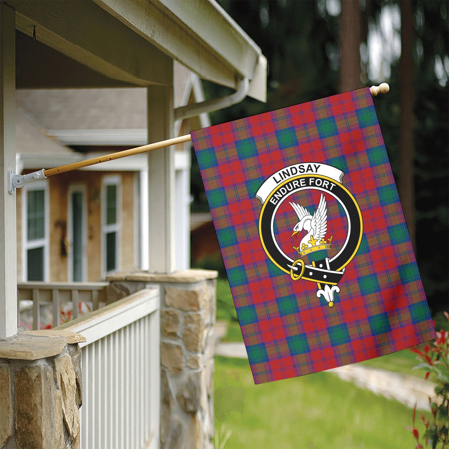 Lindsay Modern Tartan Crest Garden Flag