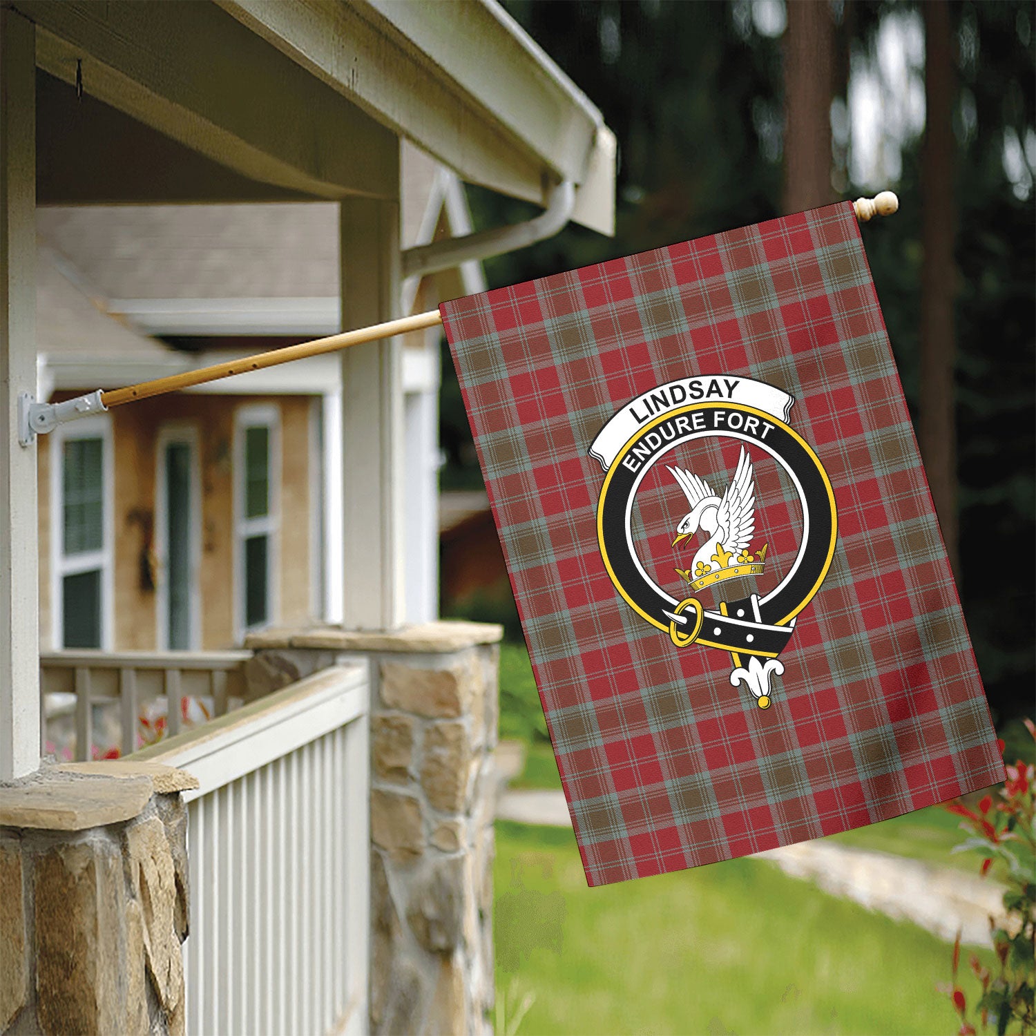 Lindsay Weathered Tartan Crest Garden Flag