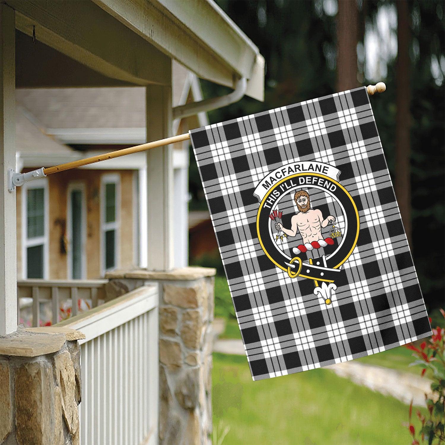 MacFarlane Black - White Tartan Crest Garden Flag