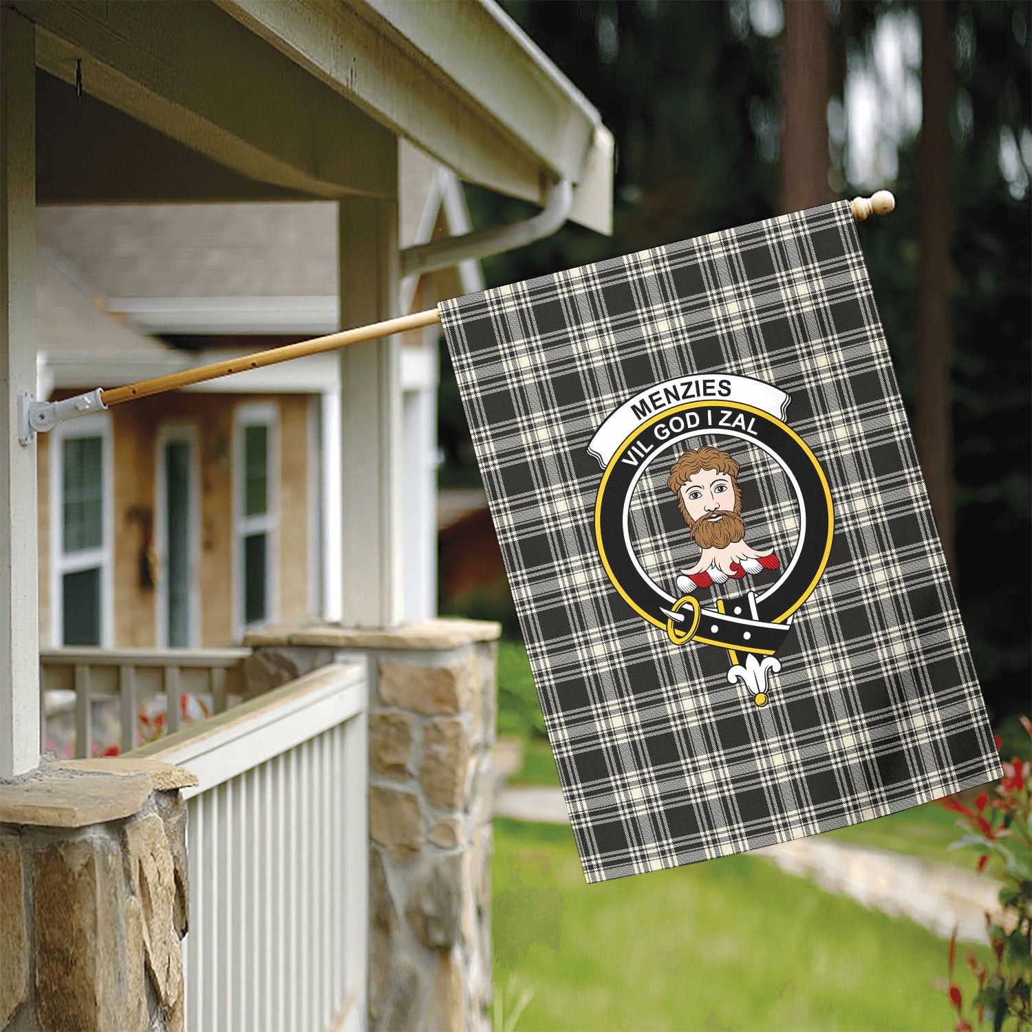 Menzies Black - White Ancient Tartan Crest Garden Flag