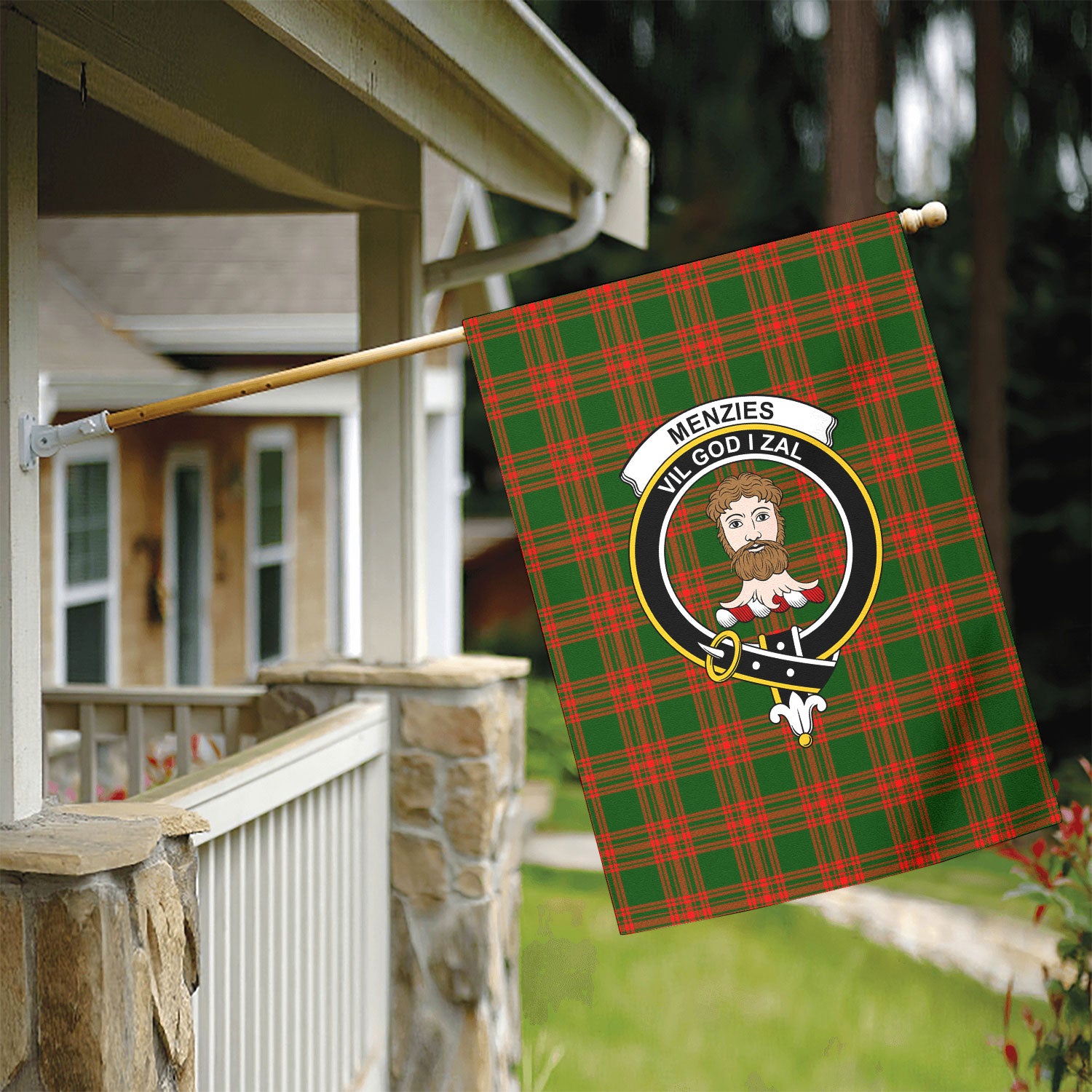 Menzies Green Modern Tartan Crest Garden Flag