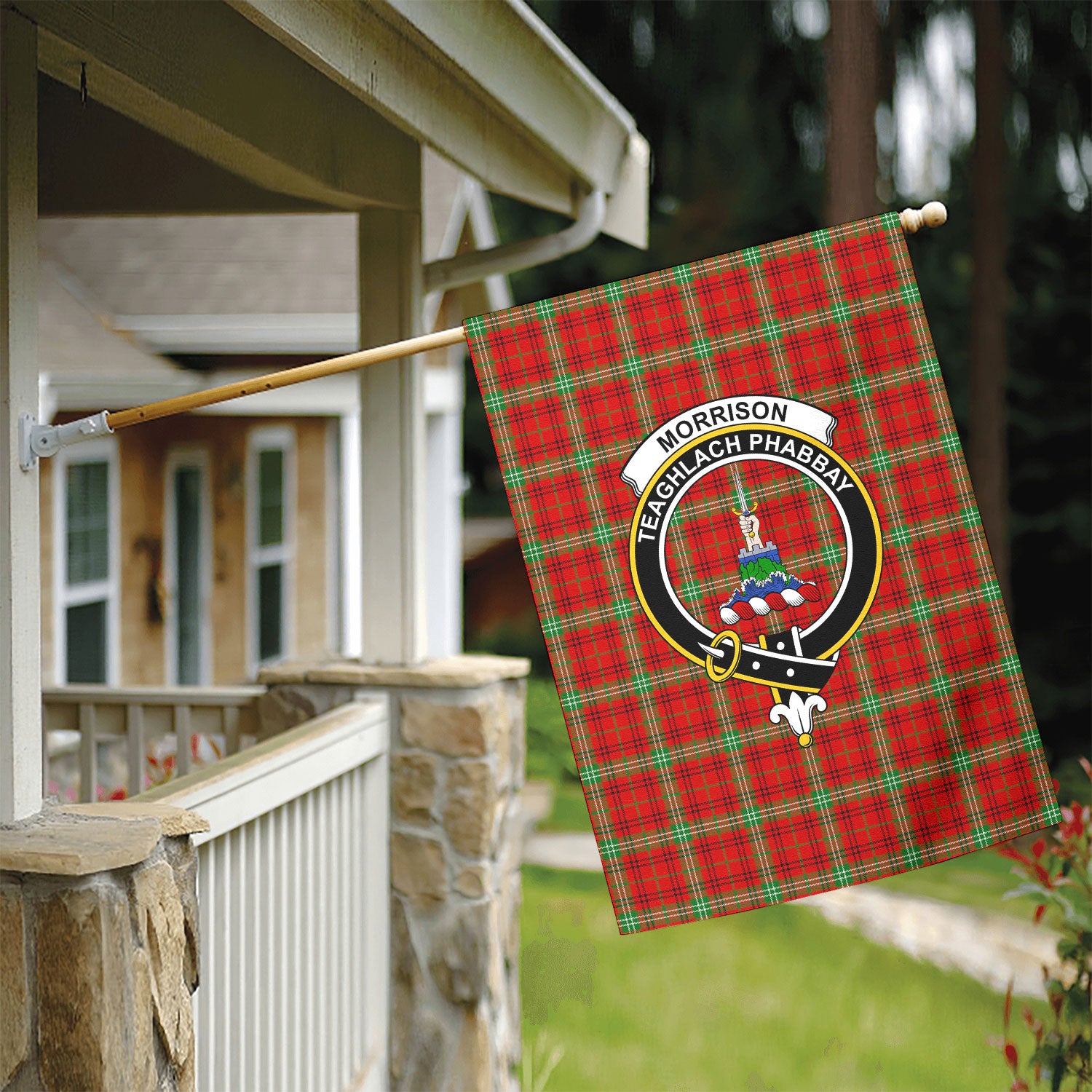 Morrison Red Modern Tartan Crest Garden Flag