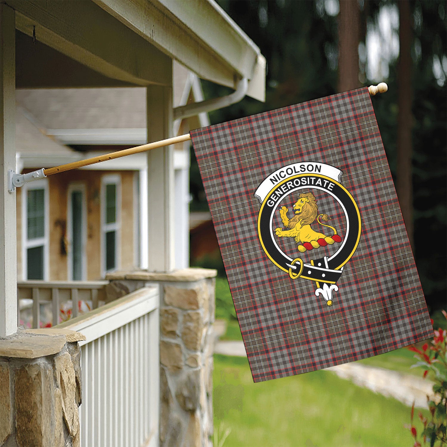 Nicolson Hunting Weathered Tartan Crest Garden Flag