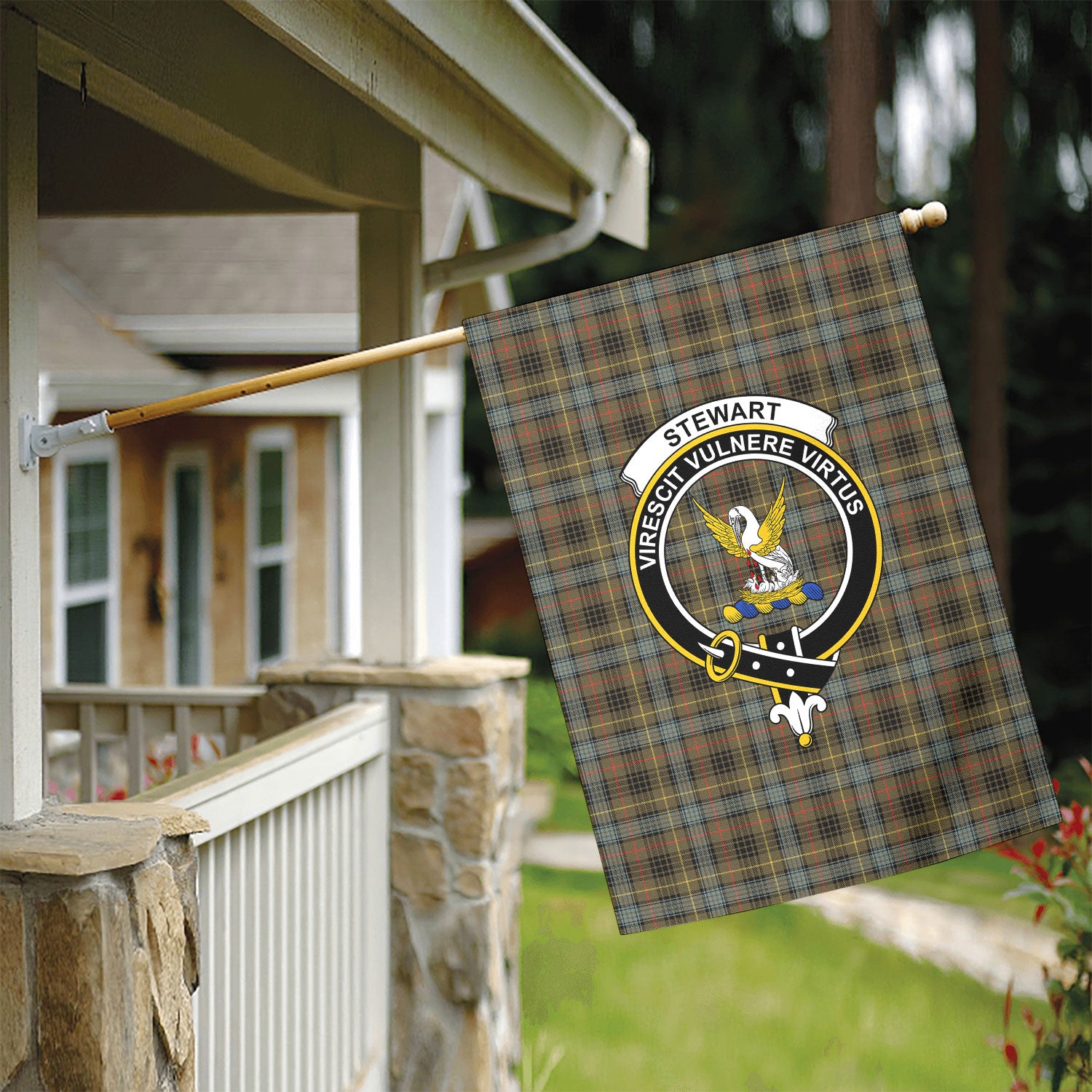 Stewart Hunting Weathered Tartan Crest Garden Flag