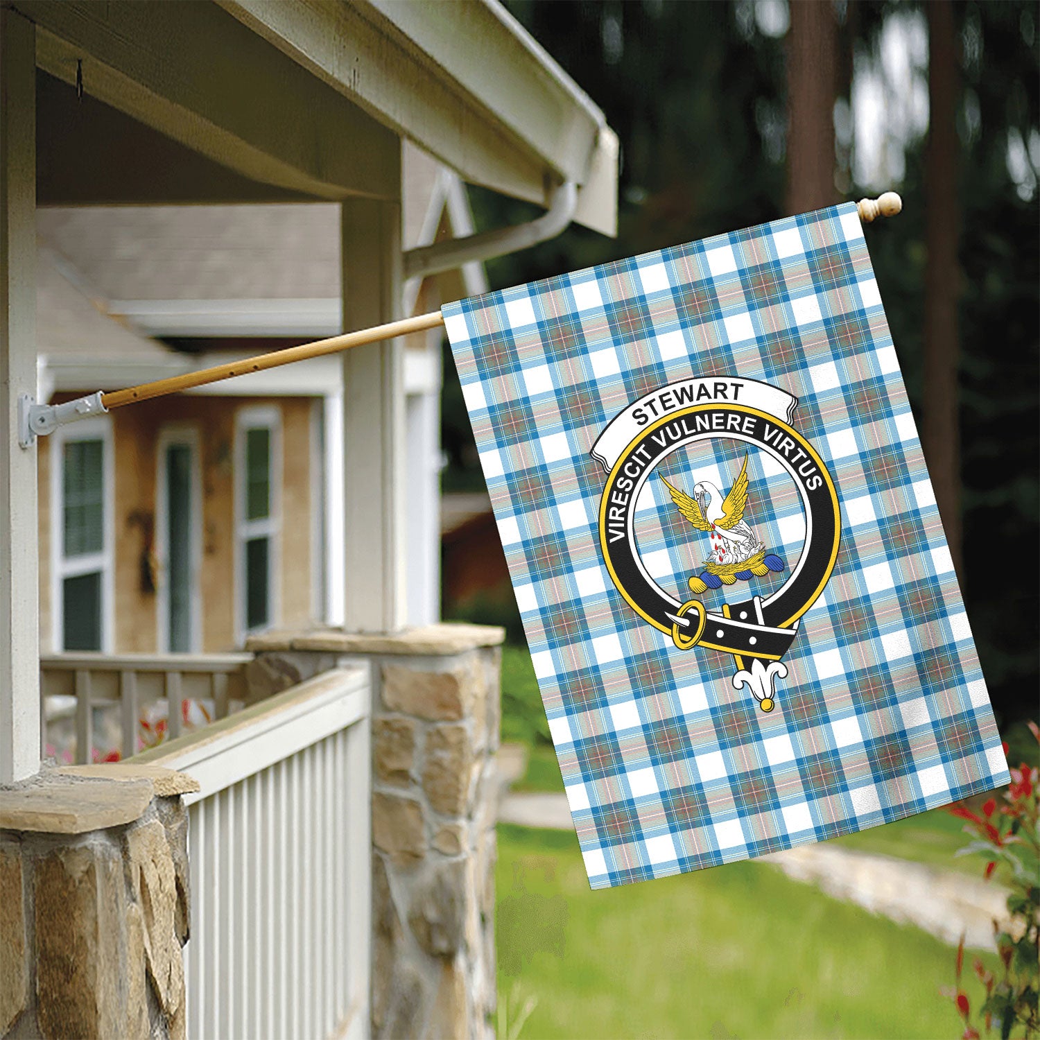 Stewart Muted Blue Tartan Crest Garden Flag