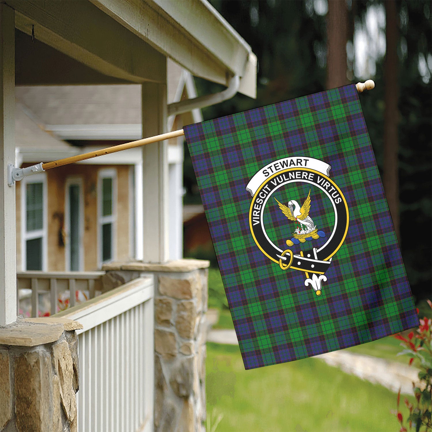 Stewart Old Modern Tartan Crest Garden Flag