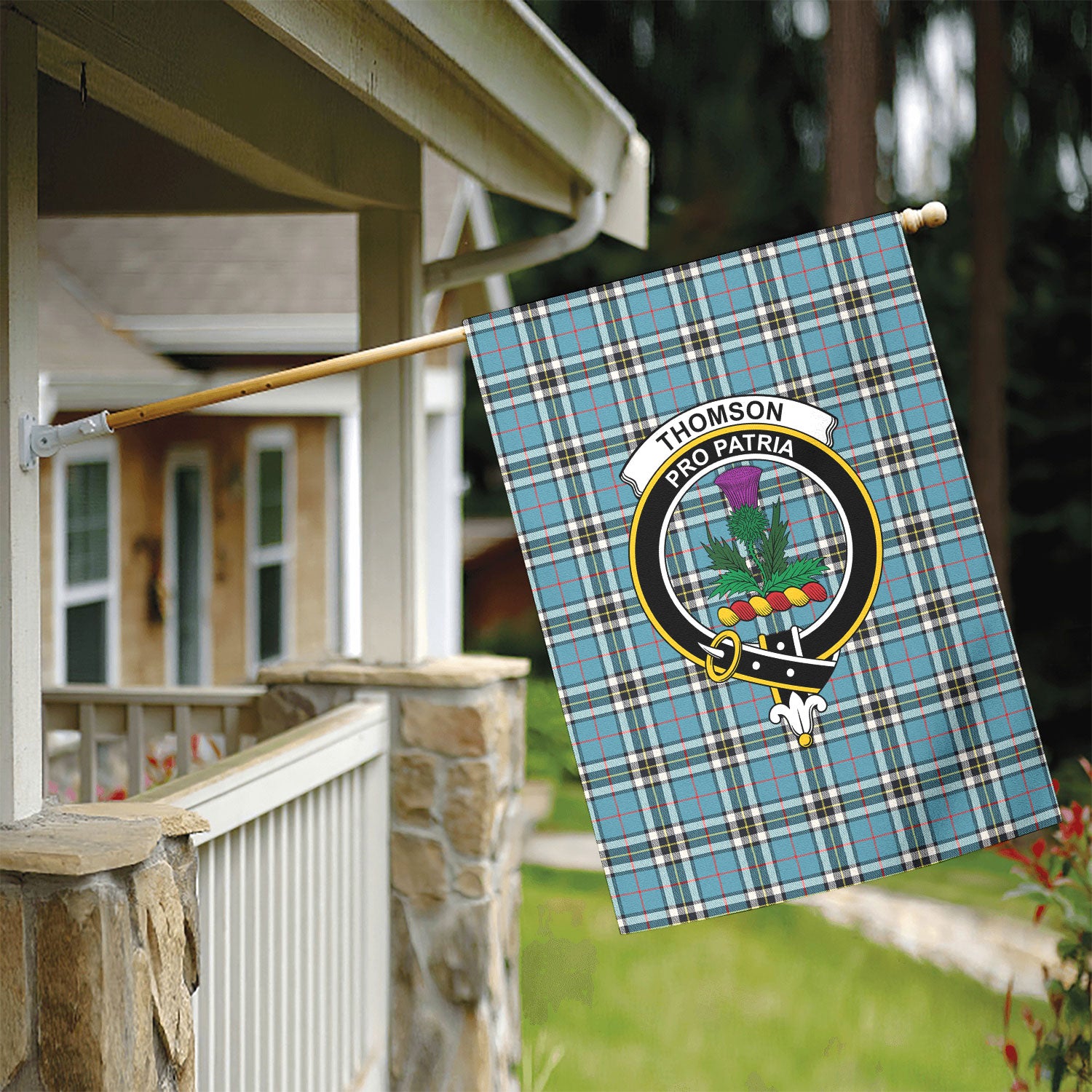 Thomson Blue Tartan Crest Garden Flag