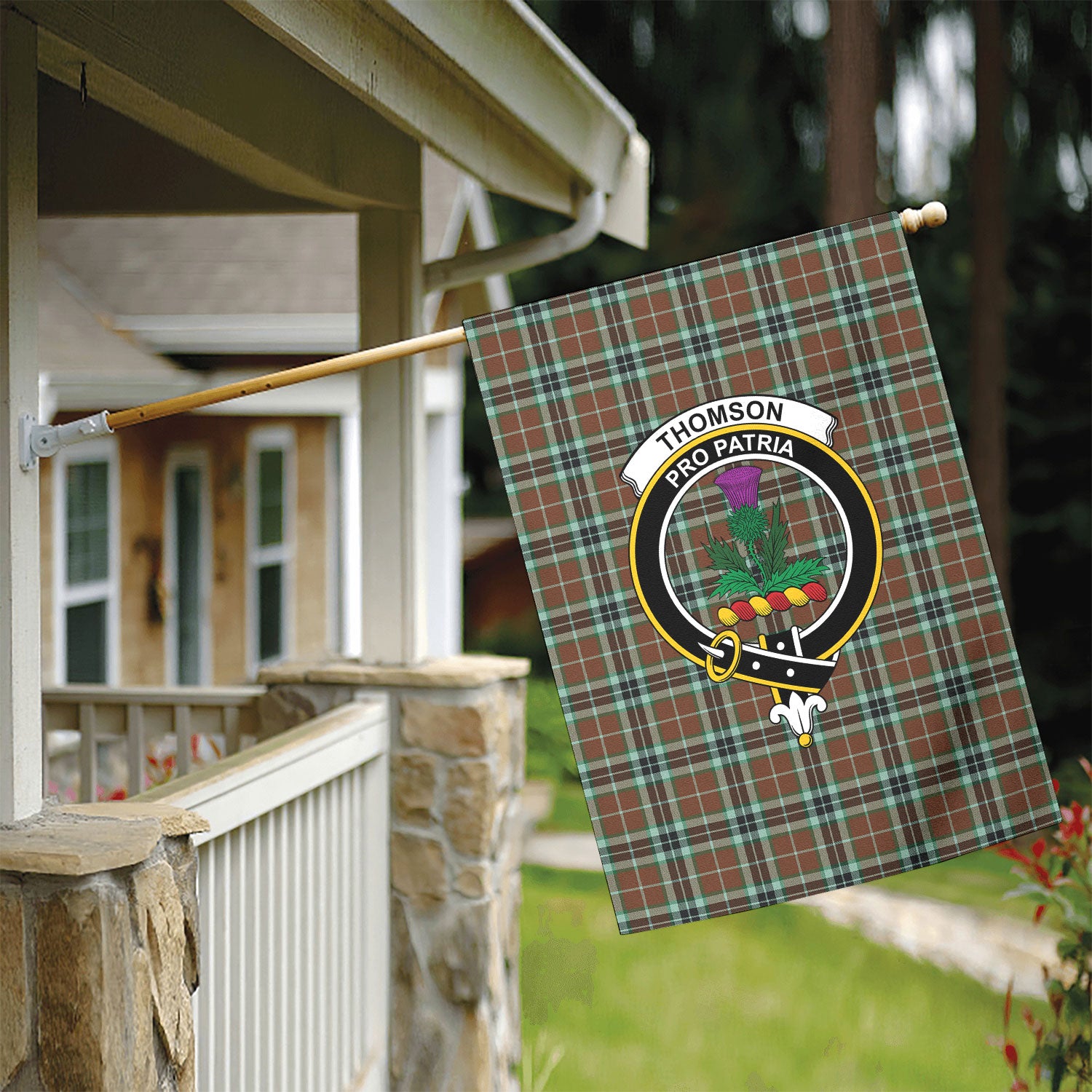 Thomson Hunting Modern Tartan Crest Garden Flag