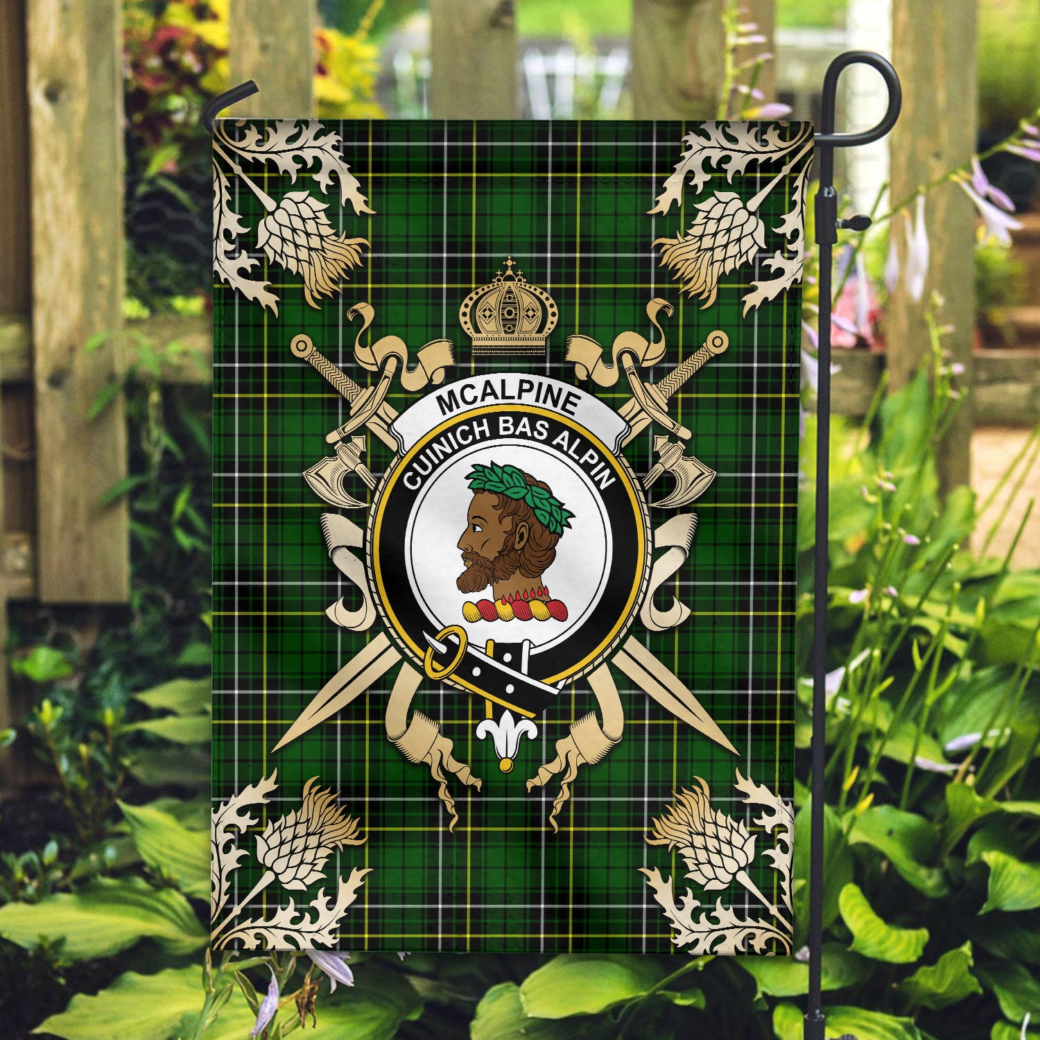 McAlpine Modern Tartan Crest Garden Flag - Gold Thistle Style