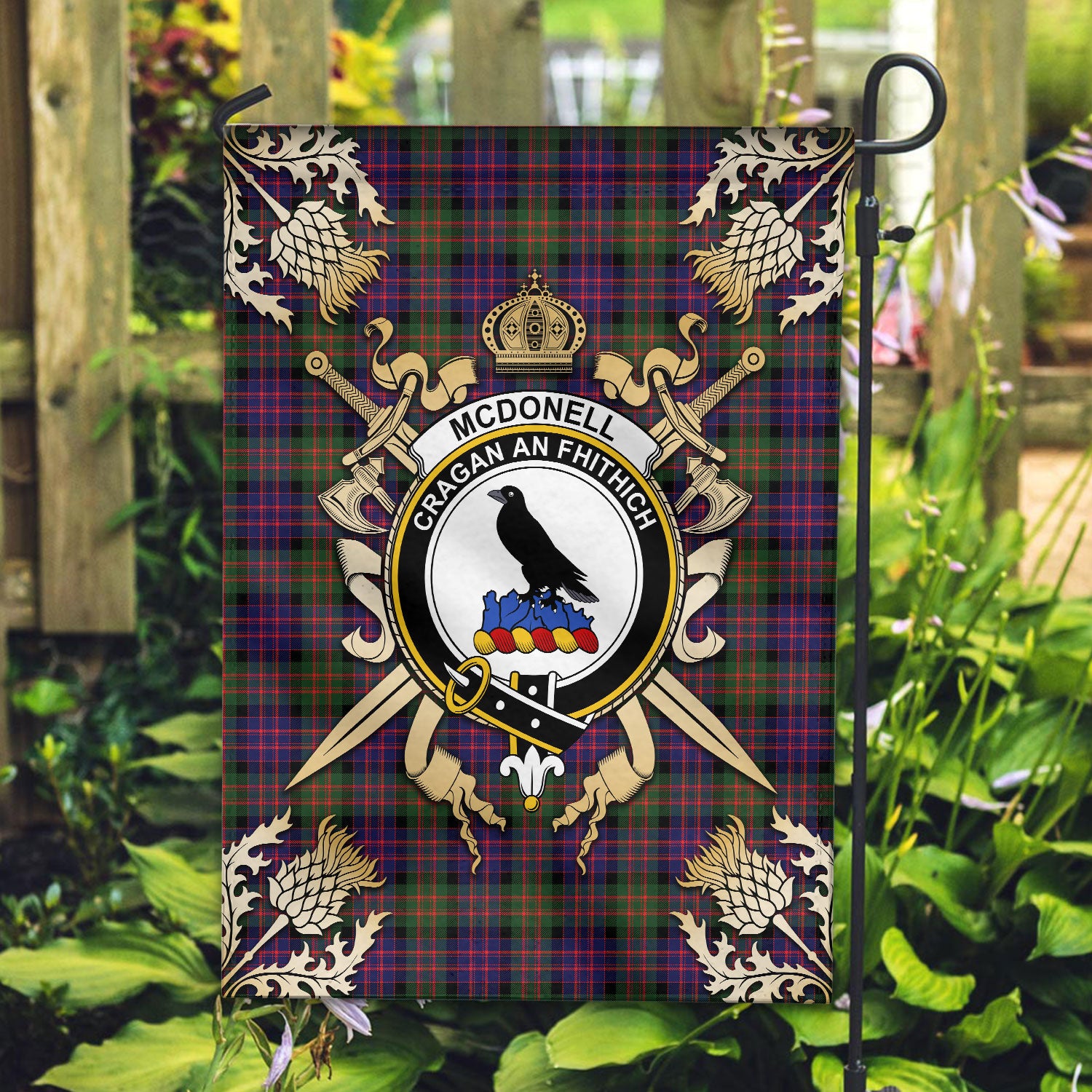 McDonell Modern Tartan Crest Black Garden Flag - Gold Thistle Style