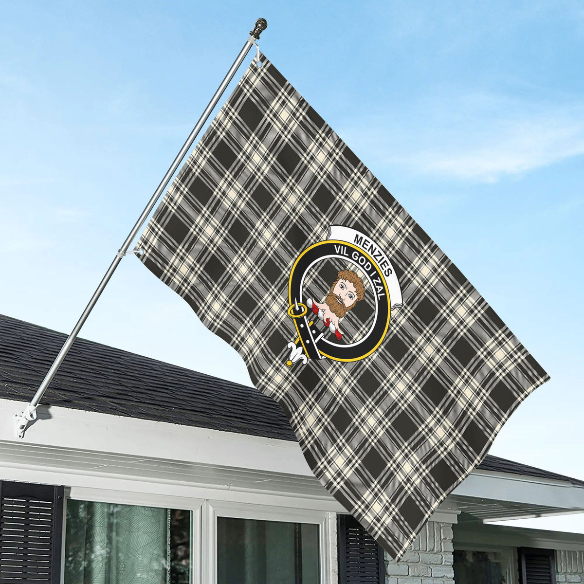 Menzies Black - White Ancient Tartan Crest House Flag