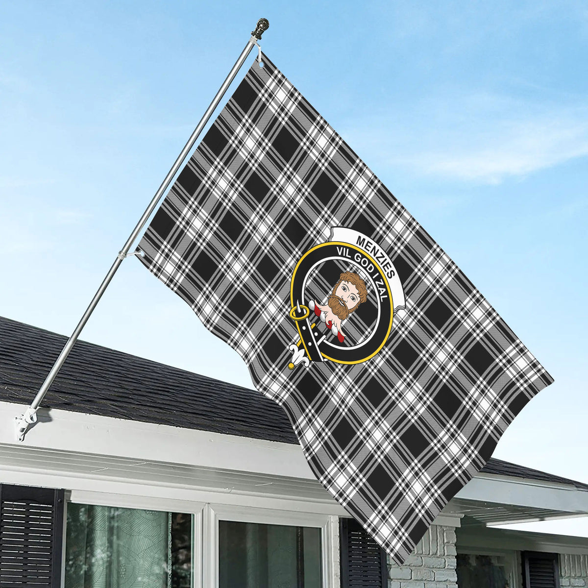 Menzies Black - White Modern Tartan Crest House Flag