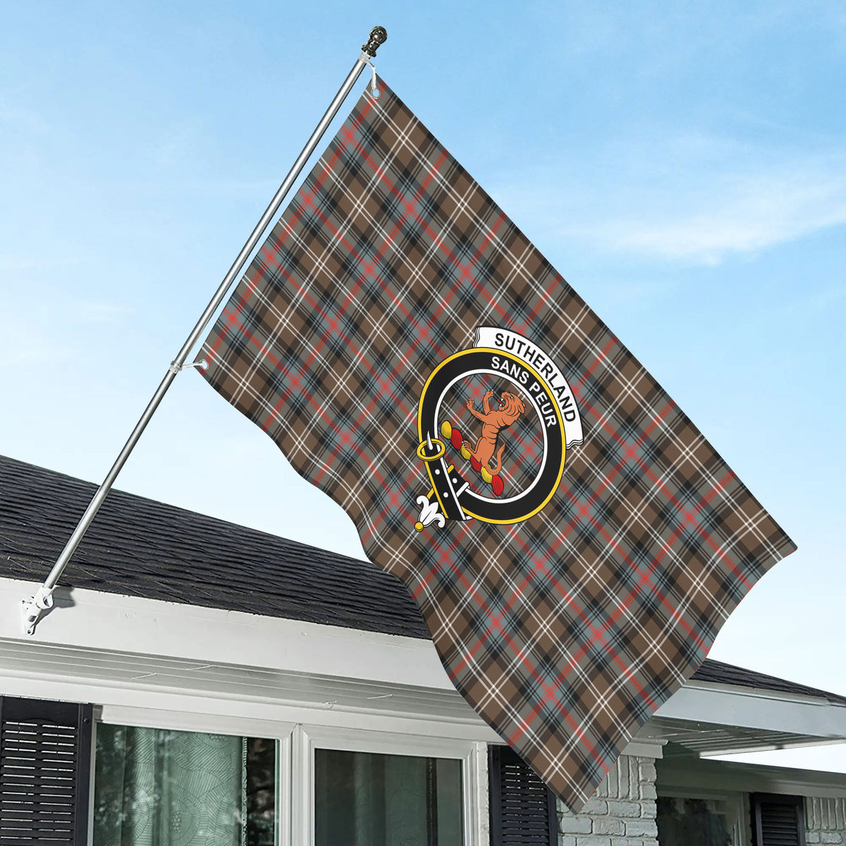 Sutherland Weathered Tartan Crest House Flag
