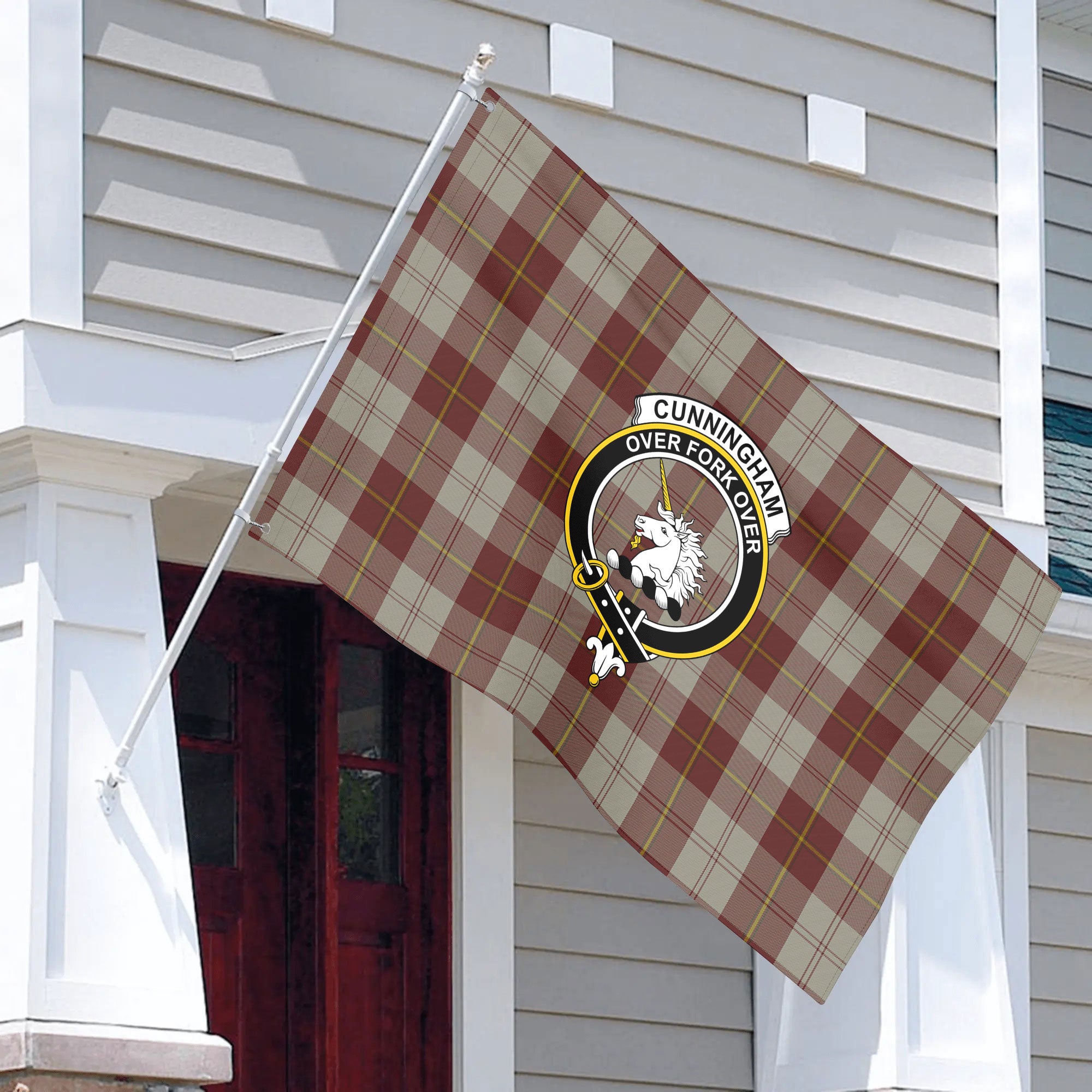 Cunningham Burgundy Dancers Tartan Crest House Flag