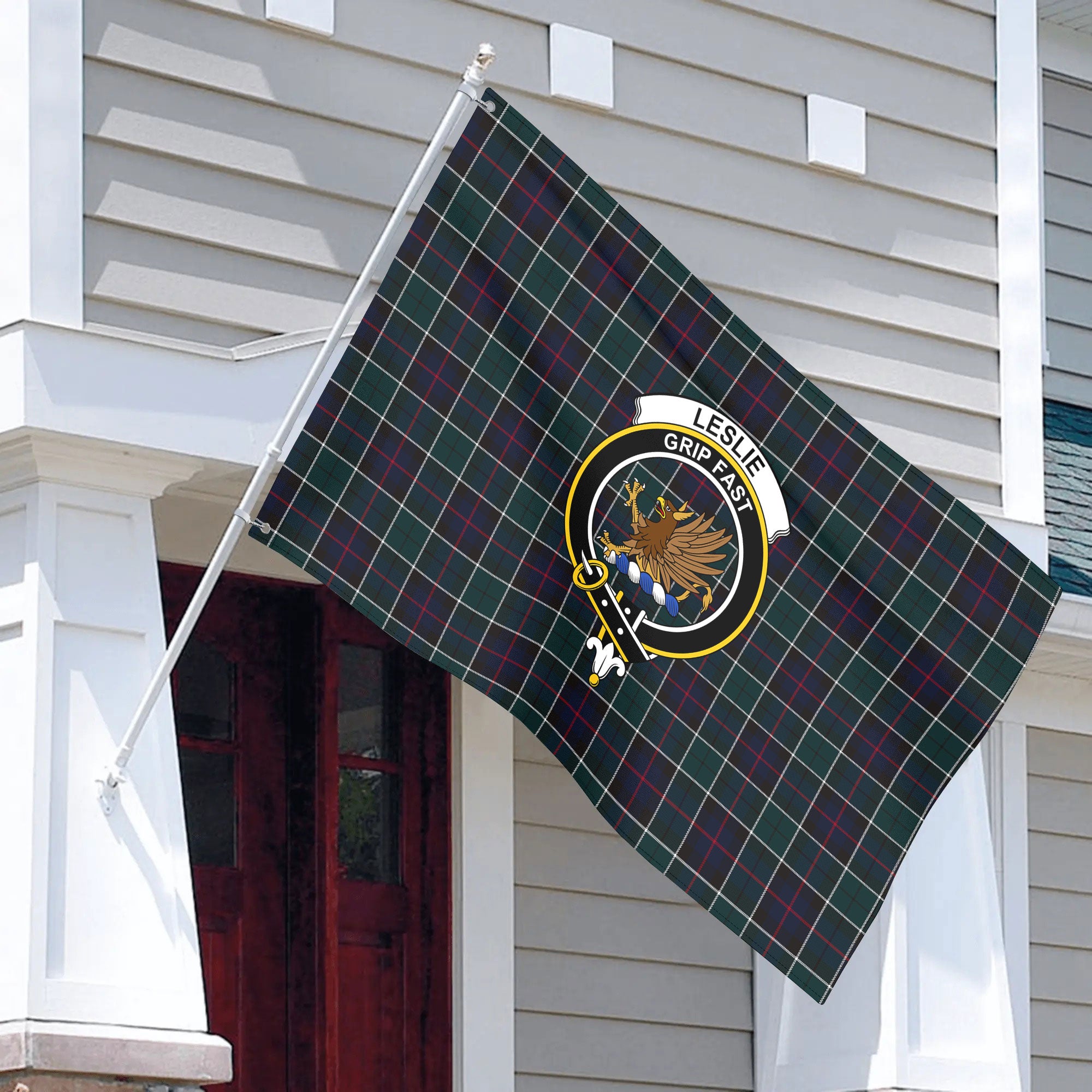 Leslie Hunting Modern Tartan Crest House Flag