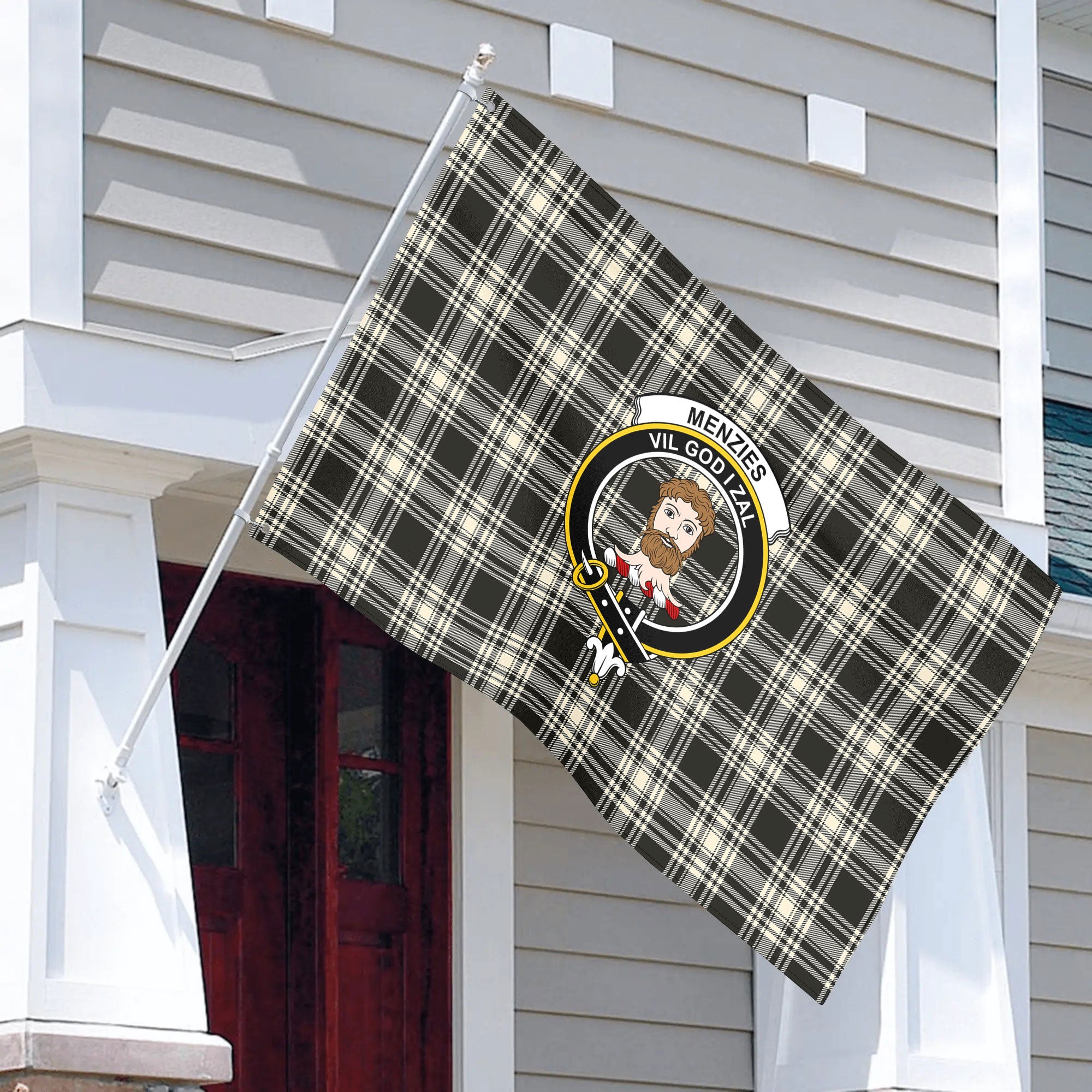 Menzies Black - White Ancient Tartan Crest House Flag