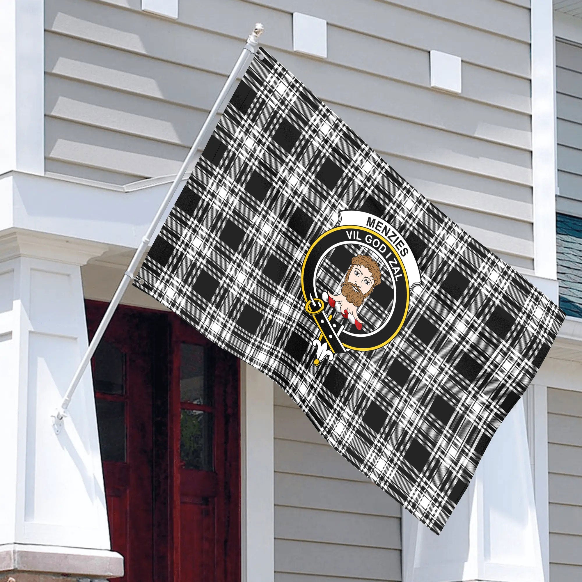 Menzies Black - White Modern Tartan Crest House Flag