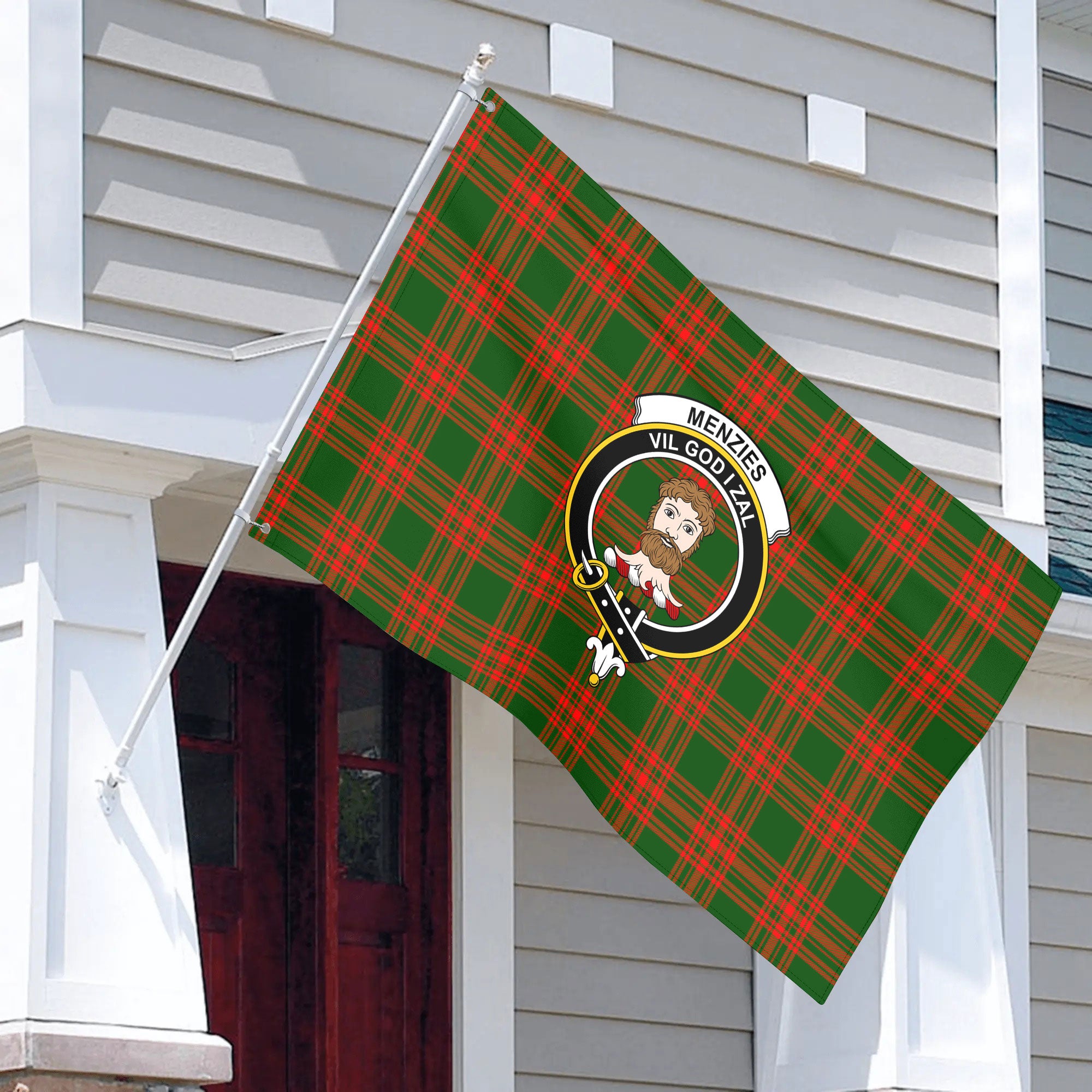 Menzies Green Modern Tartan Crest House Flag