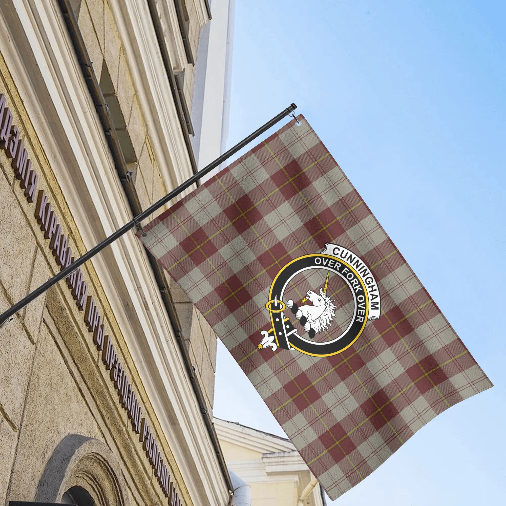 Cunningham Burgundy Dancers Tartan Crest House Flag