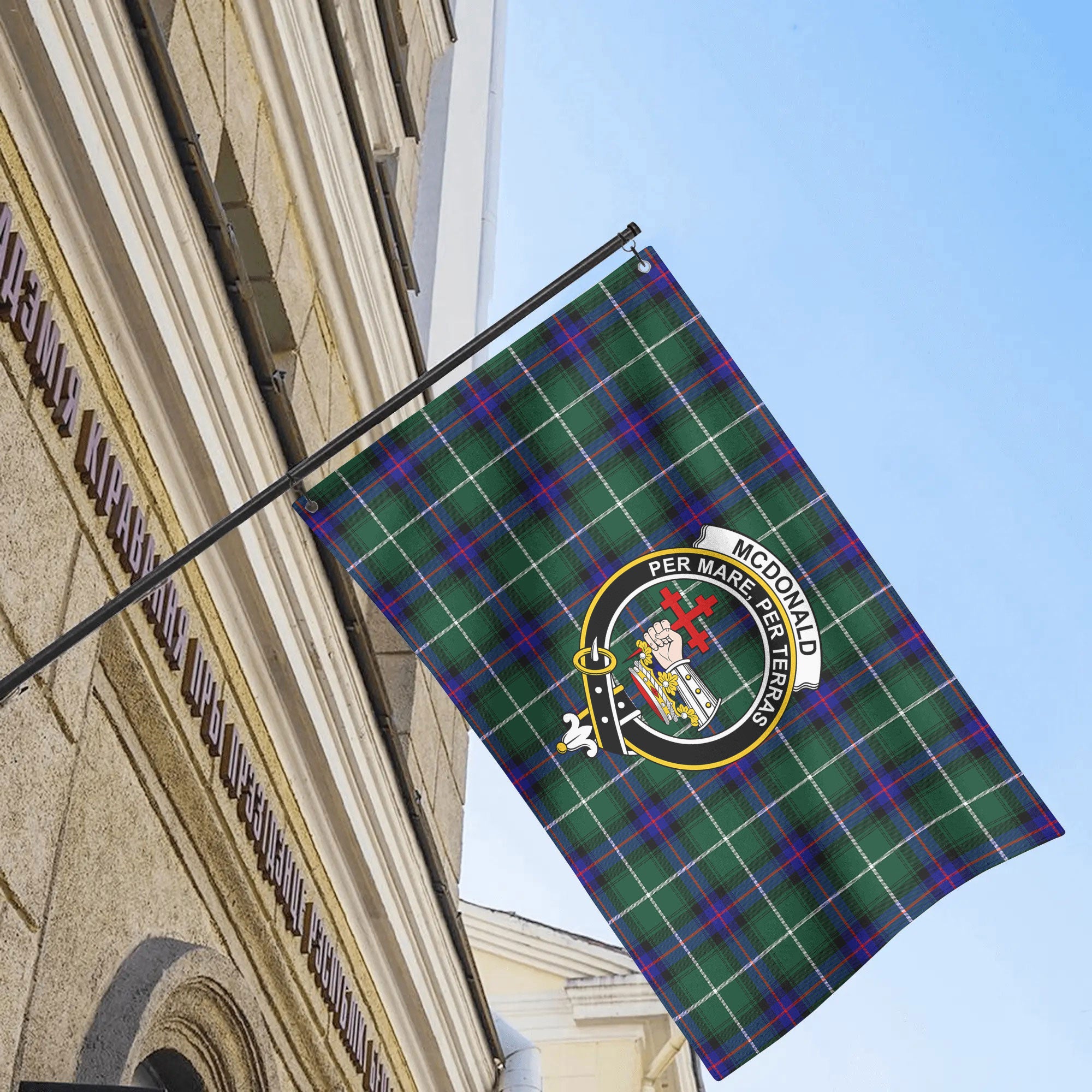 McDonald of the Isles Hunting Modern Tartan Crest House Flag