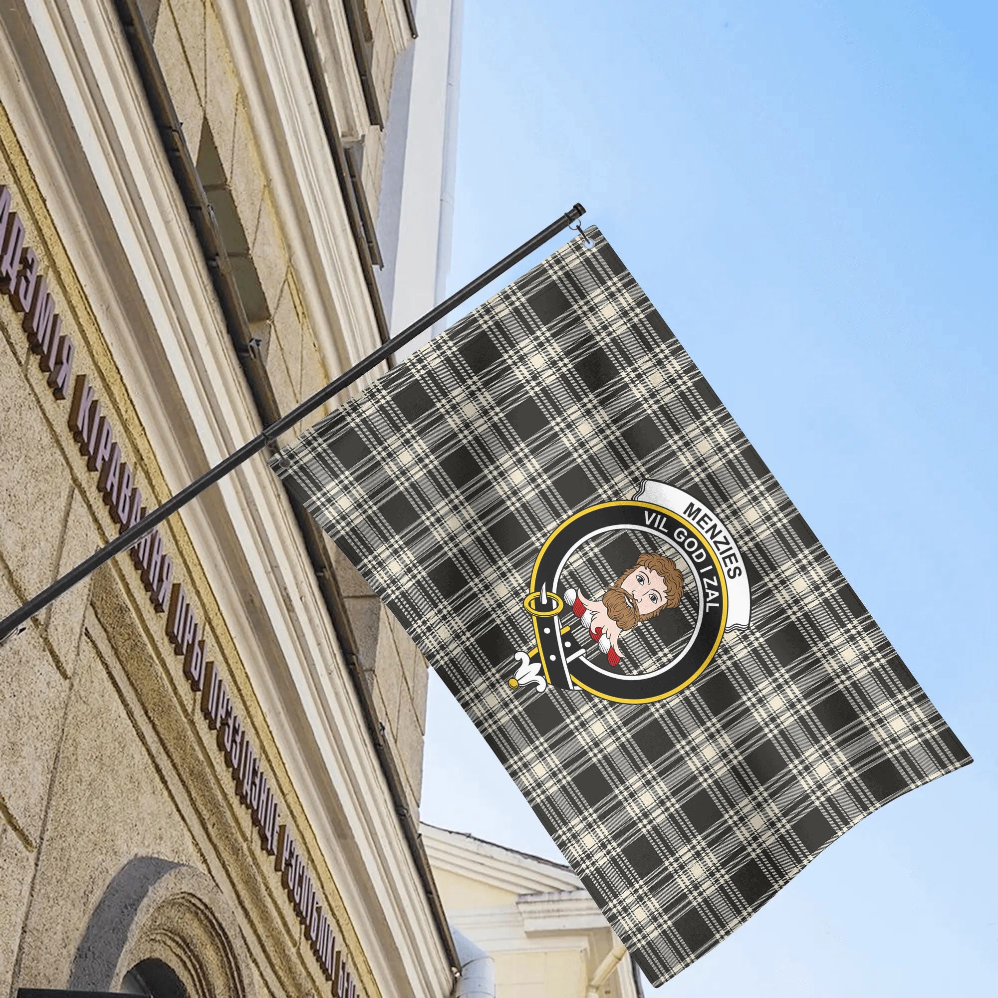 Menzies Black - White Ancient Tartan Crest House Flag