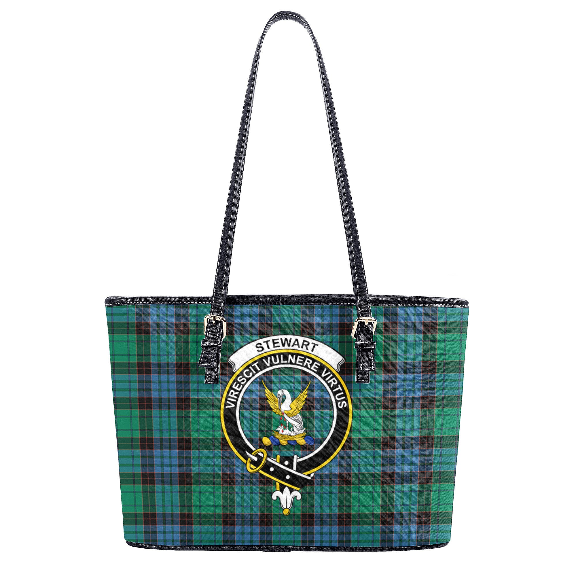 Stewart Old Ancient Tartan Crest Leather Tote Bag