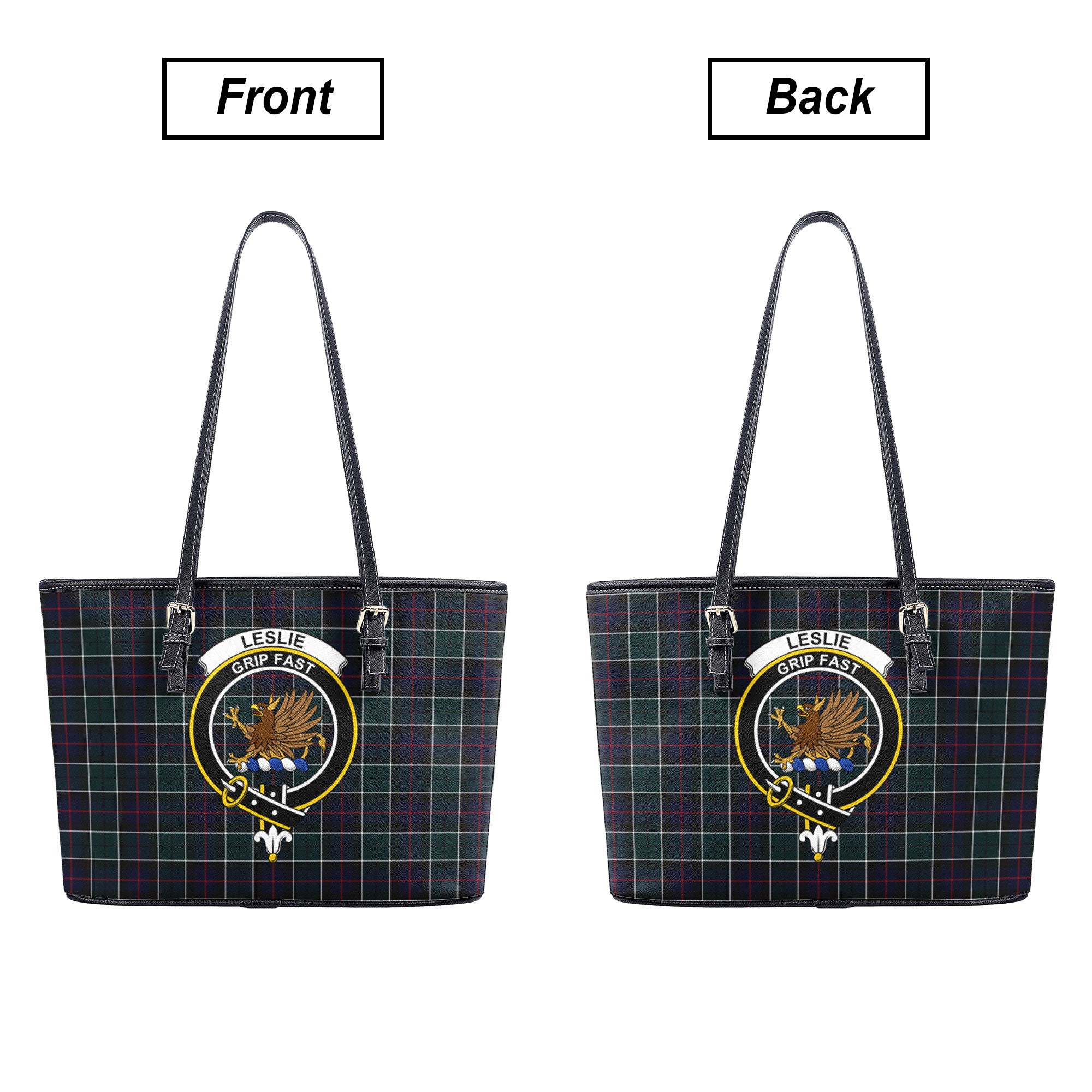 Leslie Hunting Modern Tartan Crest Leather Tote Bag