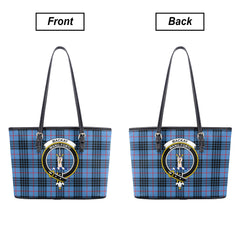 MacKay Blue Tartan Crest Leather Tote Bag