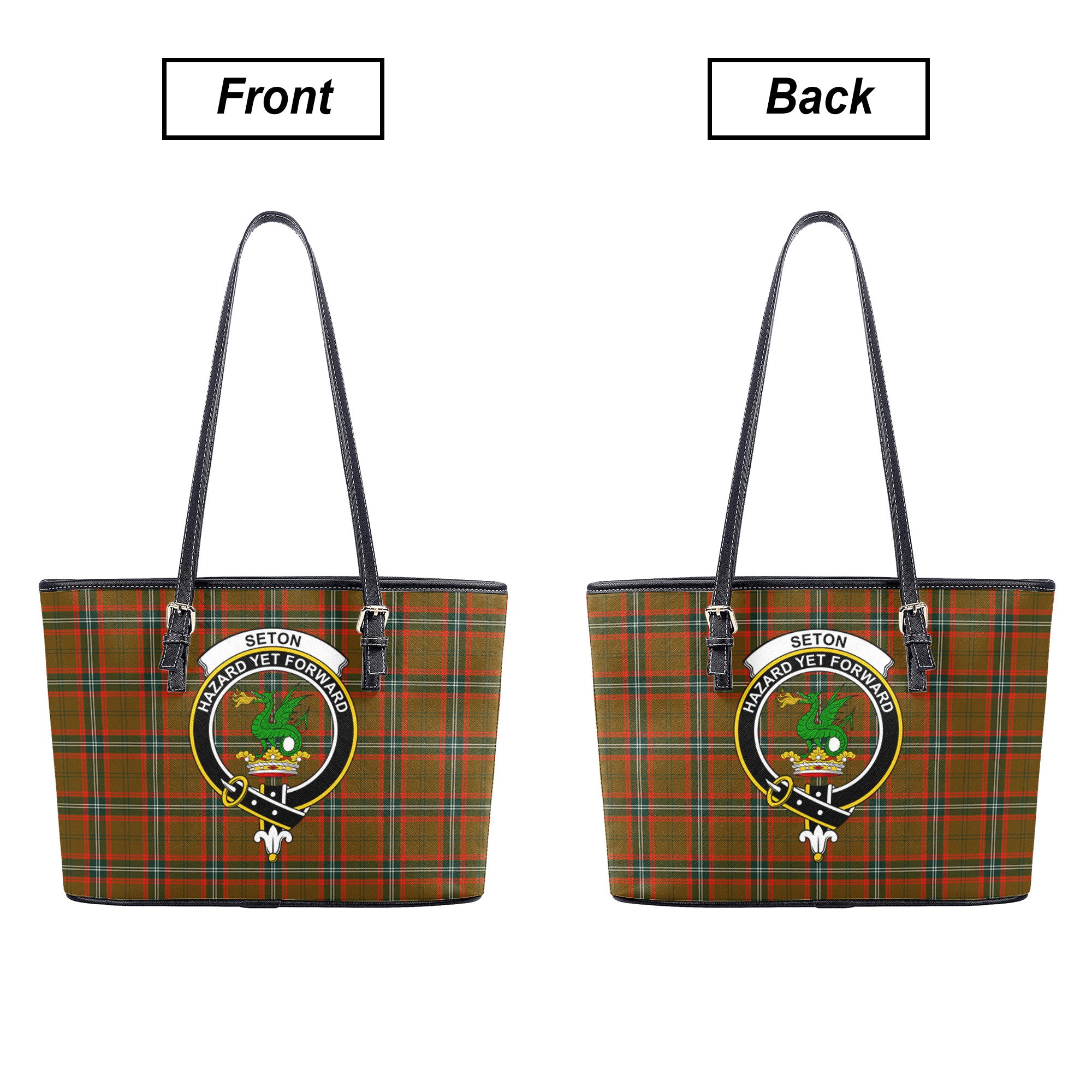 Seton Hunting Modern Tartan Crest Leather Tote Bag