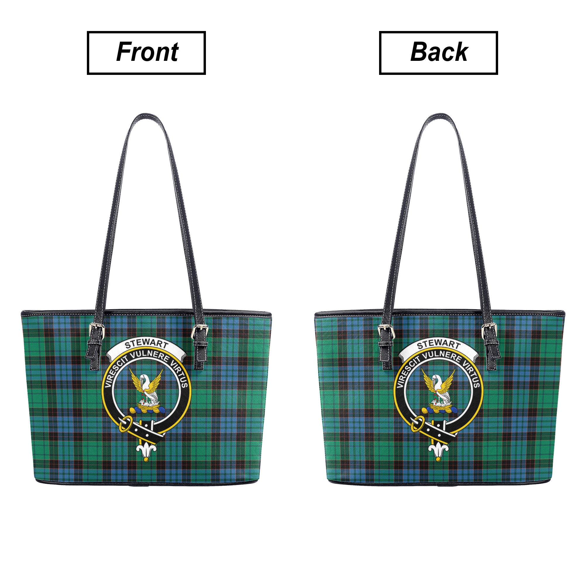 Stewart Old Ancient Tartan Crest Leather Tote Bag