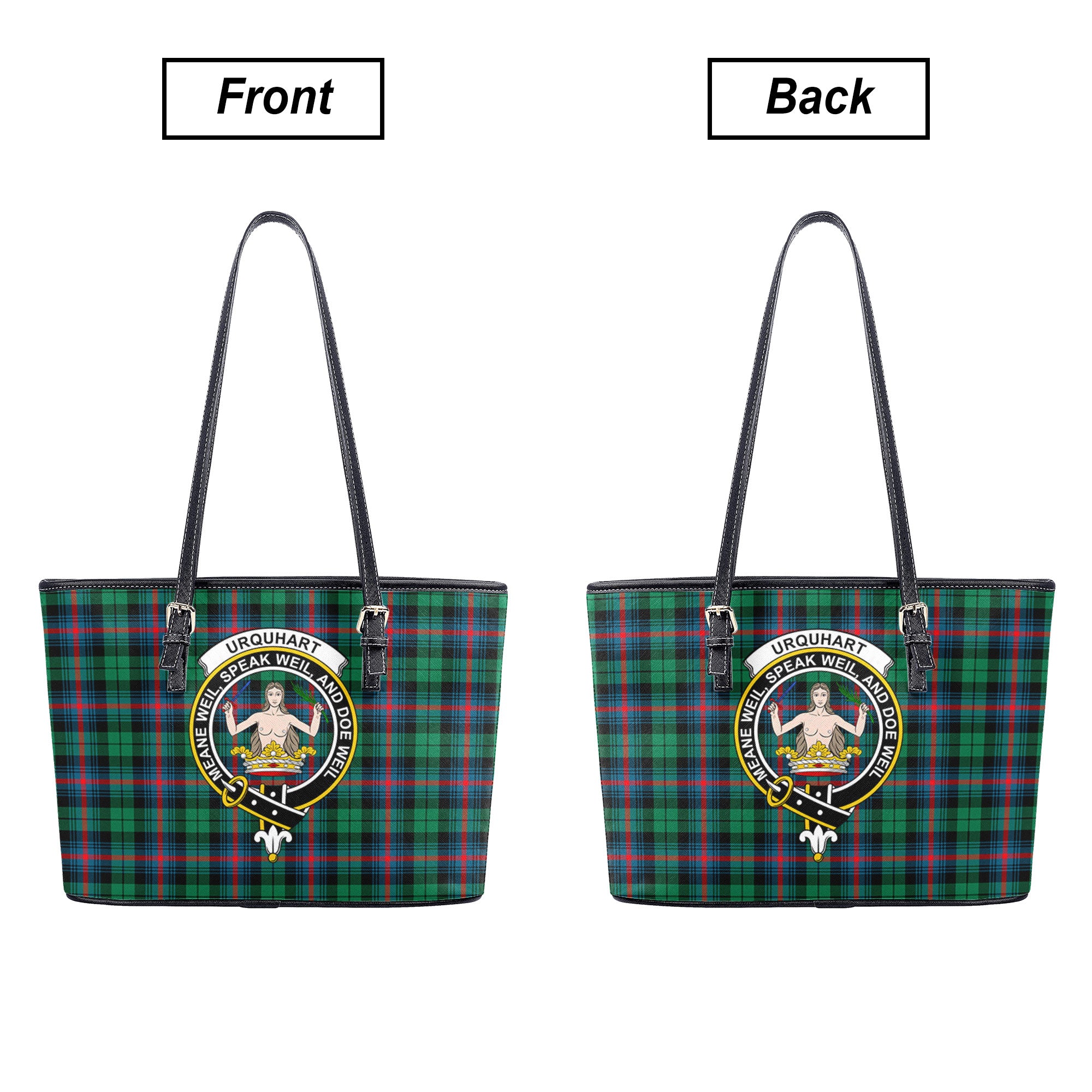 Urquhart Broad Red Ancient Tartan Crest Leather Tote Bag