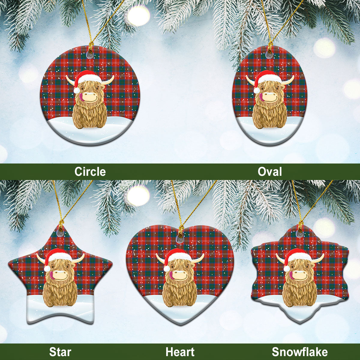 Chisholm Ancient Tartan Christmas Ceramic Ornament - Highland Cows Style