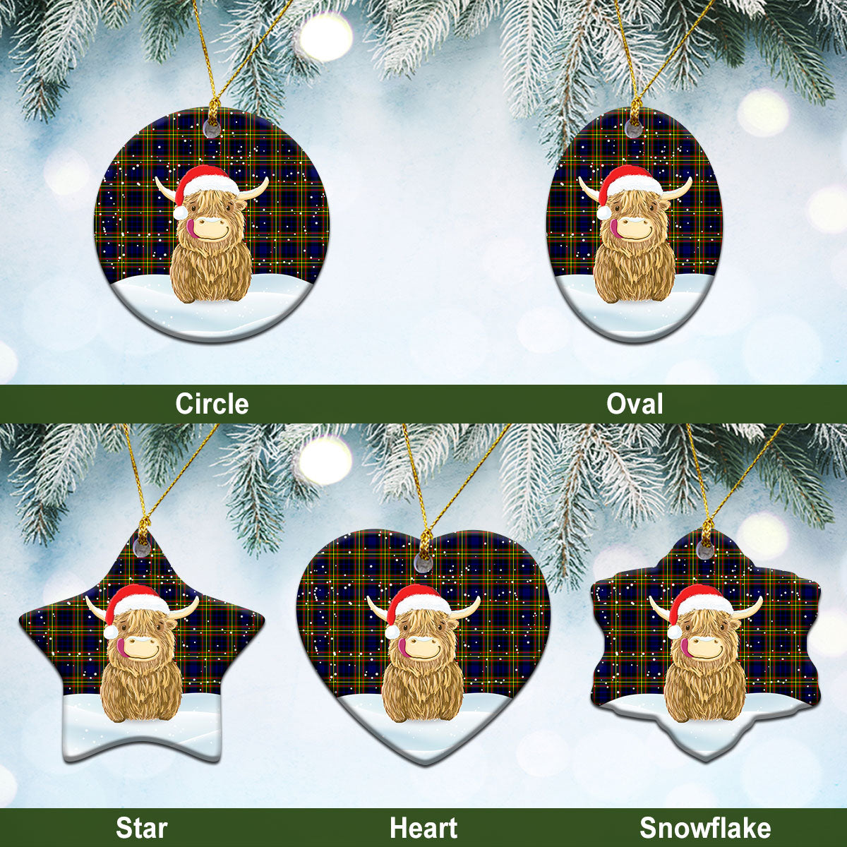 MacLellan Modern Tartan Christmas Ceramic Ornament - Highland Cows Style