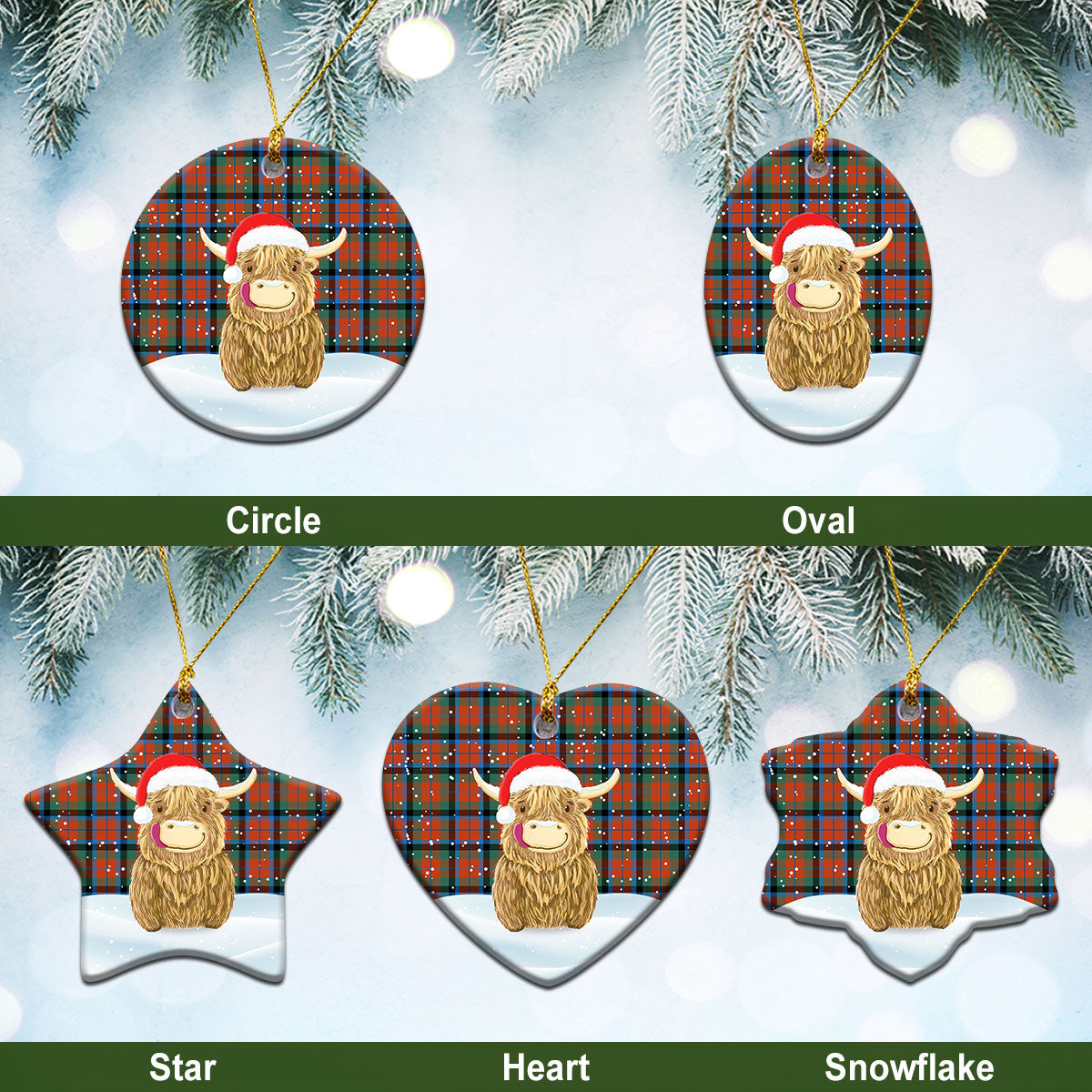 MacNaughton Ancient Tartan Christmas Ceramic Ornament - Highland Cows Style