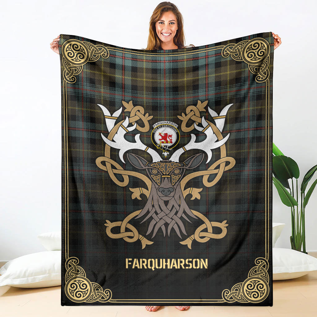 Farquharson Weathered Tartan Crest Premium Blanket - Celtic Stag style