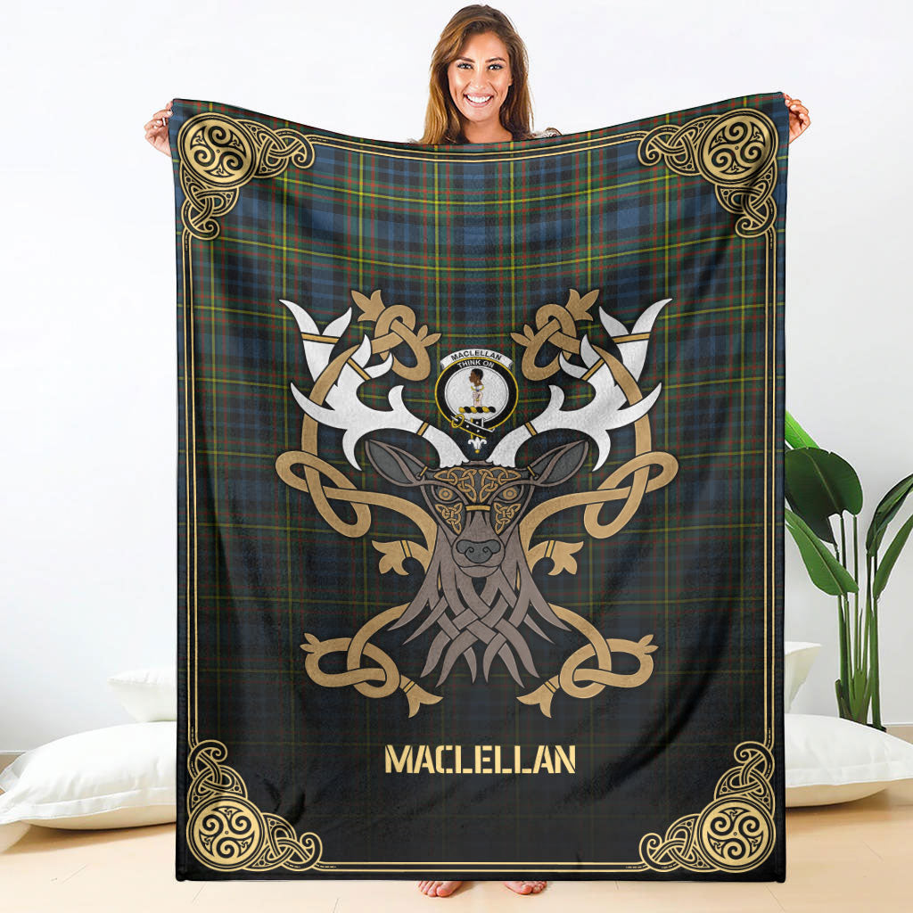 MacLellan Ancient Tartan Crest Premium Blanket - Celtic Stag style