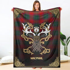 MacPhail Clan Tartan Crest Premium Blanket - Celtic Stag style