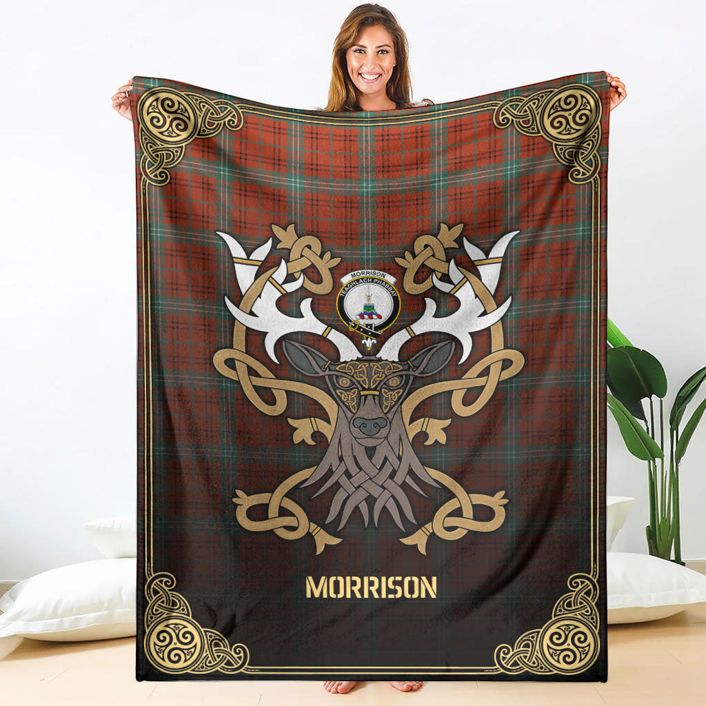 Morrison Red Ancient Tartan Crest Premium Blanket - Celtic Stag style