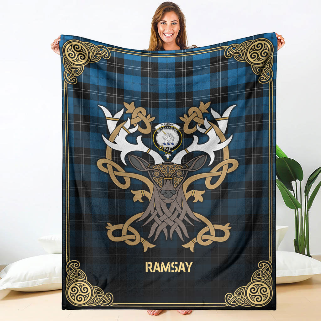 Ramsay Blue Ancient Tartan Crest Premium Blanket - Celtic Stag style