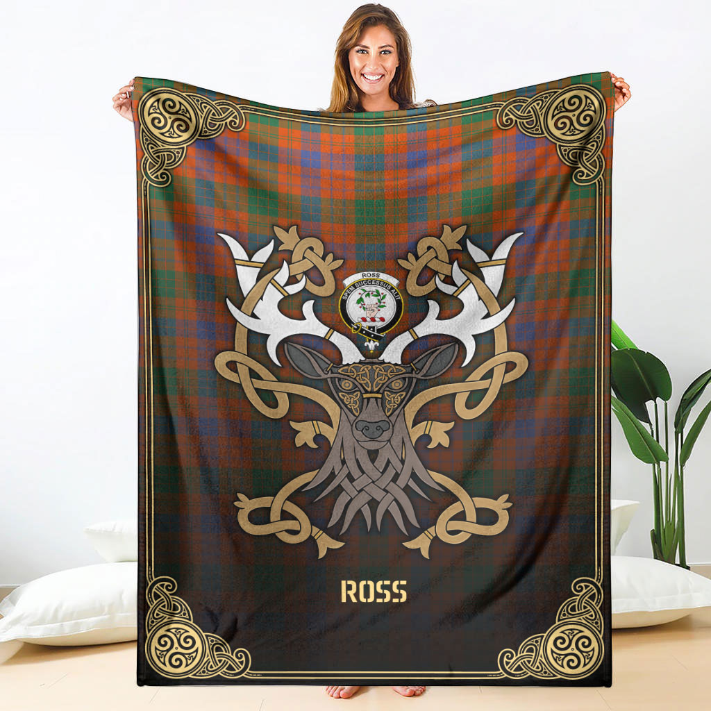 Ross Ancient Tartan Crest Premium Blanket - Celtic Stag style