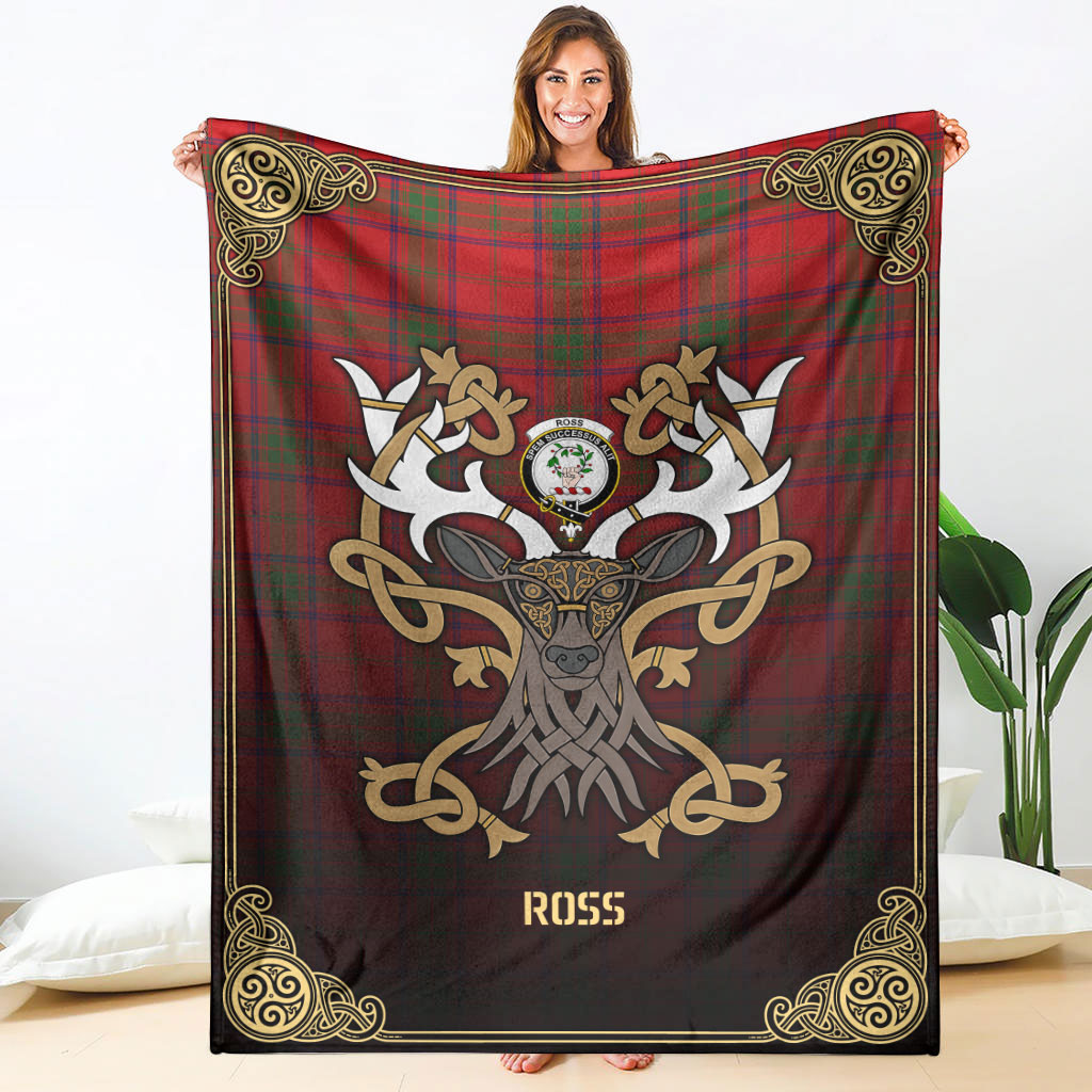 Ross Modern Tartan Crest Premium Blanket - Celtic Stag style