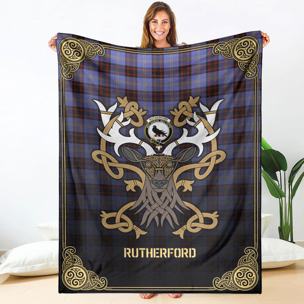 Rutherford Tartan Crest Premium Blanket - Celtic Stag style