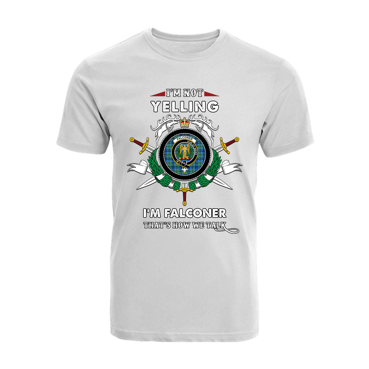Falconer Tartan Crest T-shirt - I'm not yelling style