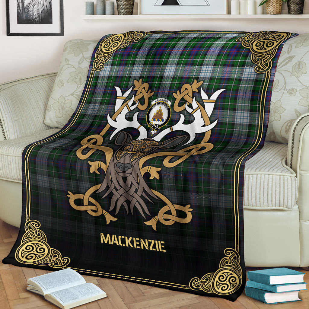 MacKenzie Dress Modern Tartan Crest Premium Blanket - Celtic Stag style