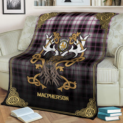 MacPherson Hunting Modern Tartan Crest Premium Blanket - Celtic Stag style