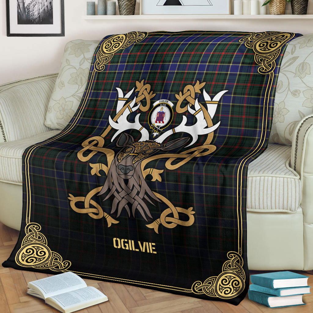 Ogilvie Hunting Modern Tartan Crest Premium Blanket - Celtic Stag style
