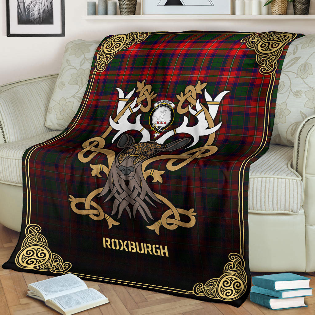 Roxburgh District Tartan Crest Premium Blanket - Celtic Stag style